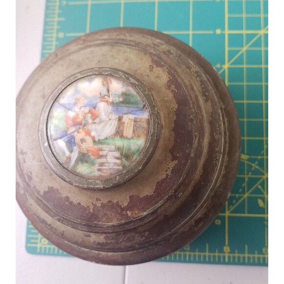 Antique Pre Reuge Music Box Musical‎ Powder Puff Metal Case with Porcelain Inlay - Picture 15 of 16